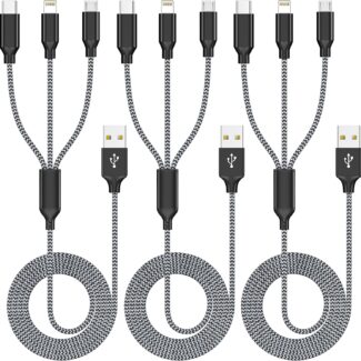 Xnewcable Multi Charging Cable 4ft 3Pack 3 in 1 Charger Cord, Multiple Rapid Nylon Braided Cable USB Charging Cable Multi Phone Charger Cord with Type C Micro Lightning USB Connectors for Cell Phones