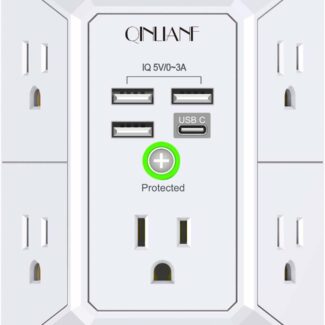 Wall Charger, Surge Protector, QINLIANF 5 Outlet Extender with 4 USB Charging Ports, 3-Sided 1680J Power Strip Multi Plug Adapter Spaced for Home Travel Office