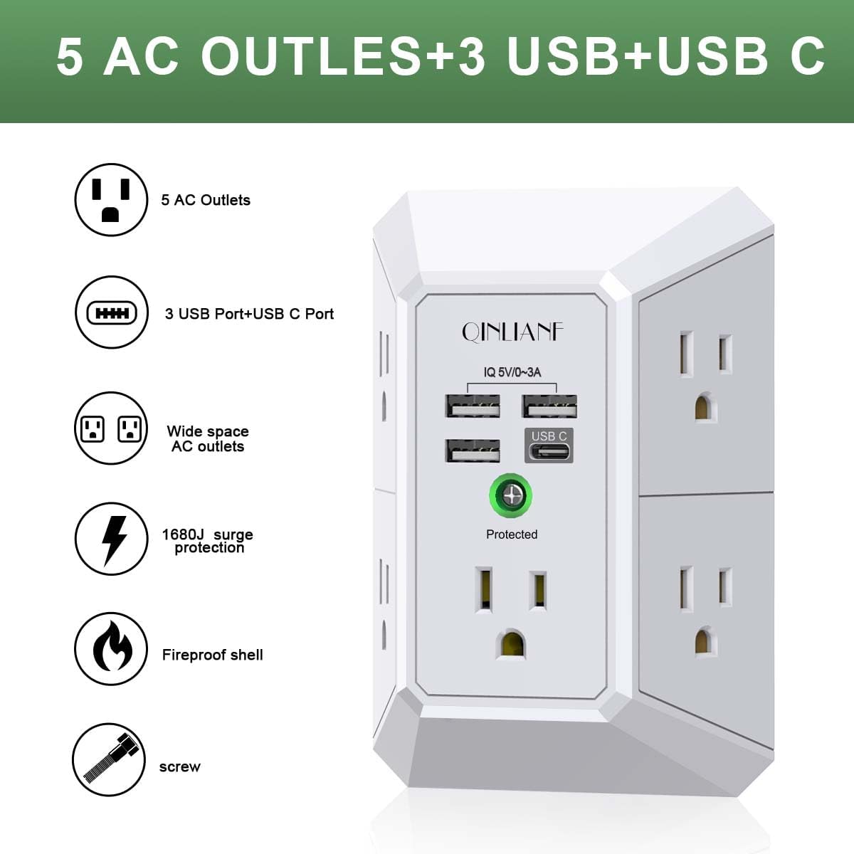 Wall Charger, Surge Protector, QINLIANF 5 Outlet Extender with 4 USB Charging Ports, 3-Sided 1680J Power Strip Multi Plug Adapter Spaced for Home Travel Office - Image 2