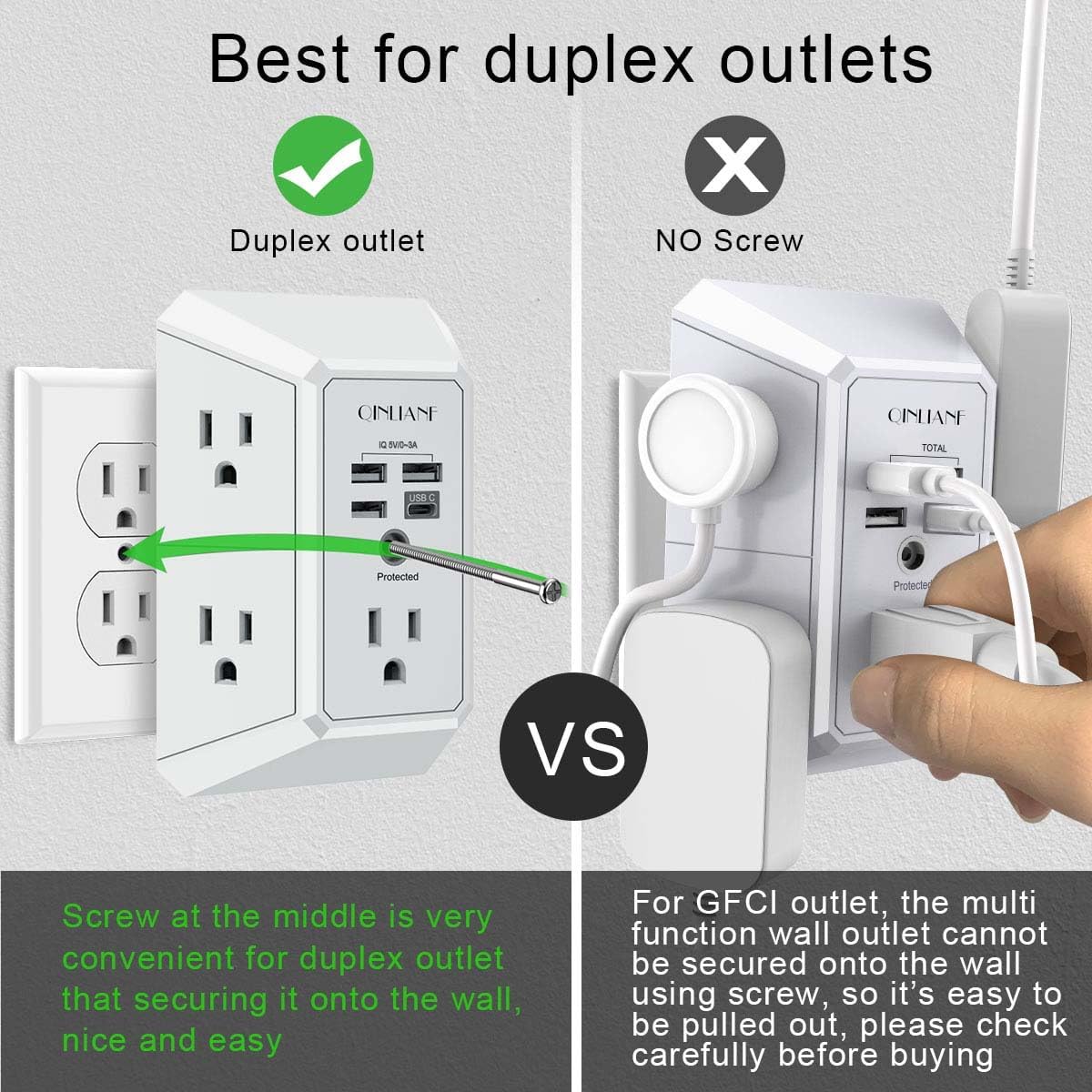 Wall Charger, Surge Protector, QINLIANF 5 Outlet Extender with 4 USB Charging Ports, 3-Sided 1680J Power Strip Multi Plug Adapter Spaced for Home Travel Office - Image 5