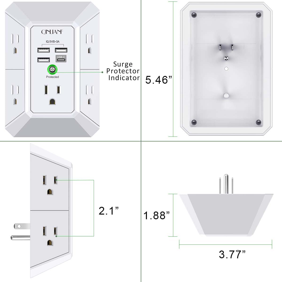 Wall Charger, Surge Protector, QINLIANF 5 Outlet Extender with 4 USB Charging Ports, 3-Sided 1680J Power Strip Multi Plug Adapter Spaced for Home Travel Office - Image 7