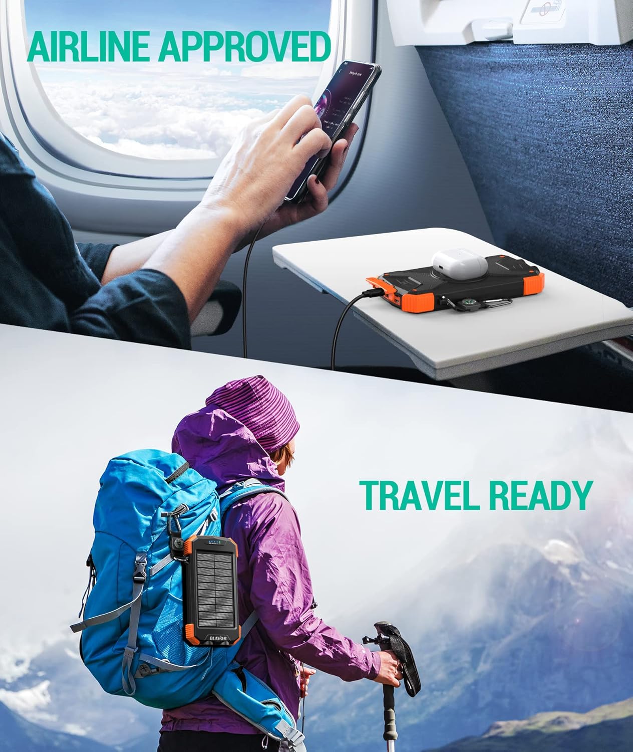 BLAVOR Solar Power Bank 10,000mAh, Portable Wireless Charger, 20W Fast Charging External Battery Pack with USB C for Cell Phones, Solar Panel Charging with Dual Flashlight for Camping - Image 8